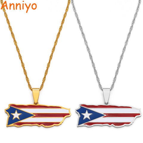 14K Yellow Gold Simulated Diamonds Blue Red Pave Puerto Rico Flag Map  Pendant 1